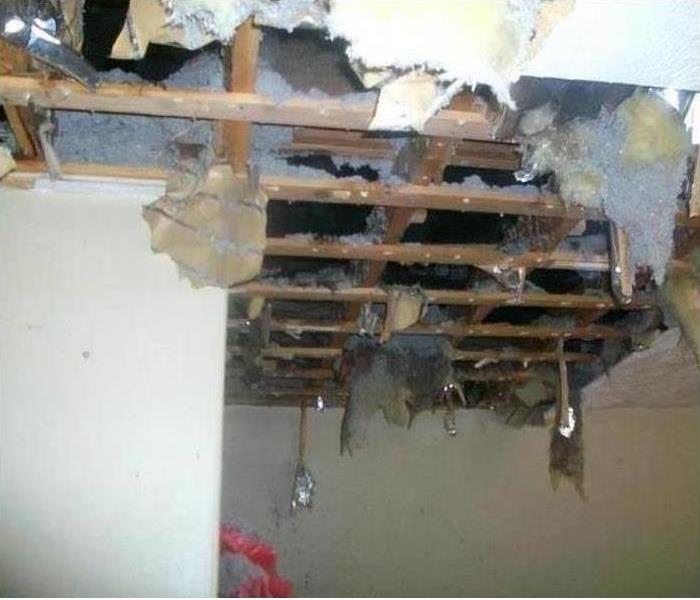 rafters shown, and burnt insulation and drywall from a fire