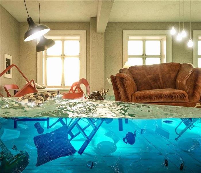 depiction of flooded living room, furniture floating