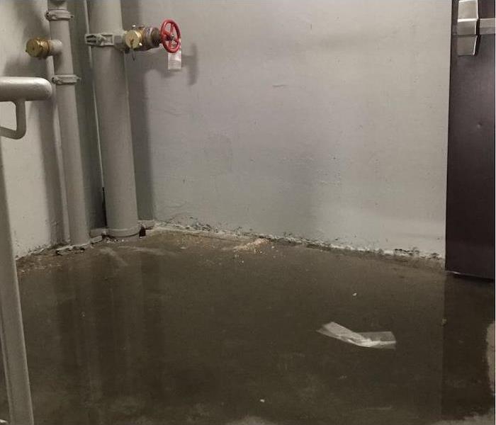 water damage on the concrete floor of a utility room